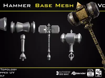 50 Hammer BASE MESH - VOL 02 Game Ready Low-poly 3D model