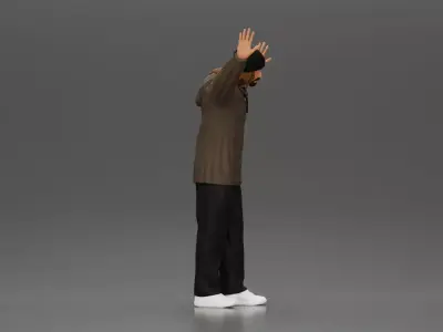 Man wearing hoodie and beanie raises hands looking happy 3D print model