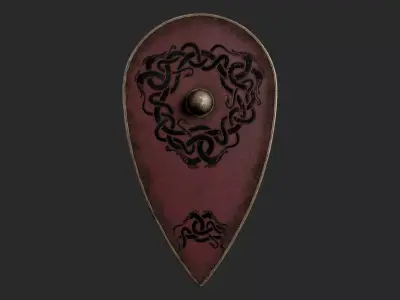 Slavic kite leather shield-painted red with uroboros symbol Low-poly 3D model