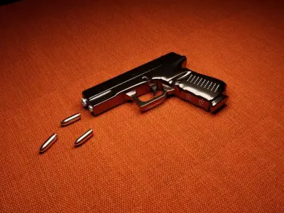Gun Model with bullets on orange table 3D model
