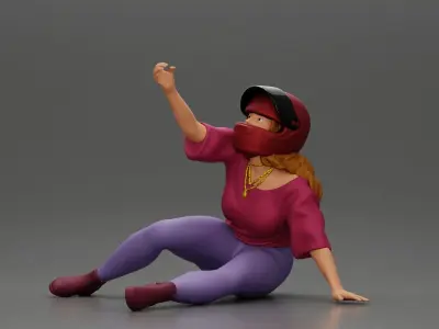 Biker Girl in a helmet who fell off a motorbike being helped 3D print model