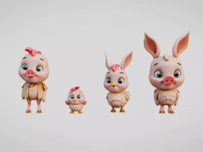 Chibi style farm animals set Low-poly 3D model