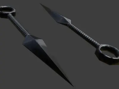 Game Ready Low Poly Kunai sword on wooden table Free low-poly 3D model