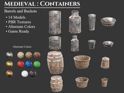 Medieval Collection Containers Barrels and Buckets 3D Model Pack purchase