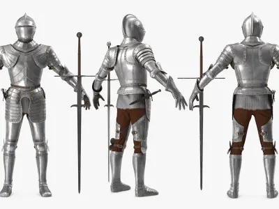 Medieval Knight Plate Armor with Zweihander Rigged for Cinema 4D 3D model
