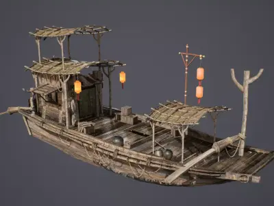 Ancient Chinese Wooden Boat Traditional River Vessel 3D model