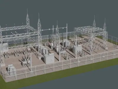 substation power station with wires and poles 3D model purchase