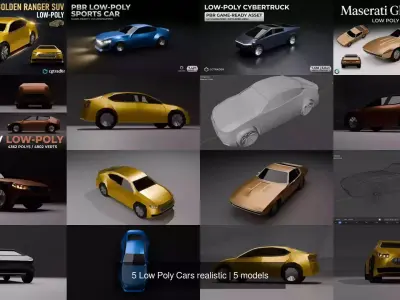 5 Low Poly Cars realistic 3D Model Pack