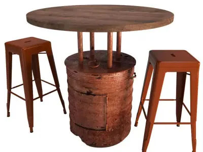 Red Barrel Table and Tolix Barstools 3D model