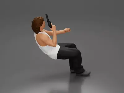 Man sitting with gun in hand pointing forward calmly 3D print model