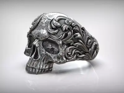 Silver Skull Oxidized Ring Baroque Style 3D print model