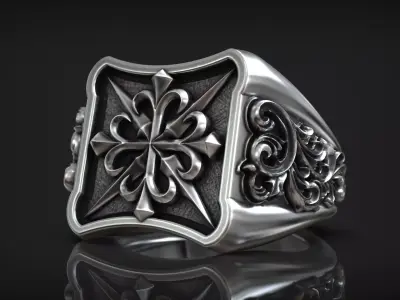Medieval Cross Emblem Gothic Royal Lily Ornamental Ring 3D print model