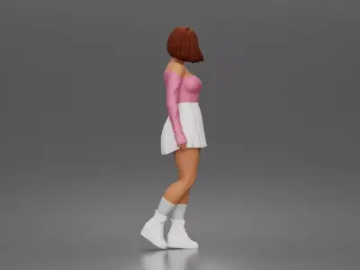 young woman standing pose in off shoulder top skirt outfit 3D print model