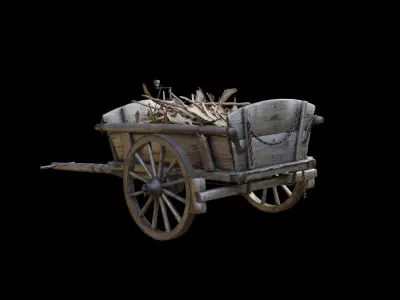 Wooden Cart with sticks Loaded Low poly 3D model