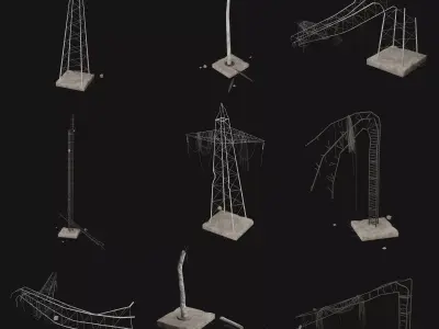 POST APO HIGH VOLTAGE TOWERS MAST RUINED CONSTRUCTION COLLECTION Low-poly 3D model