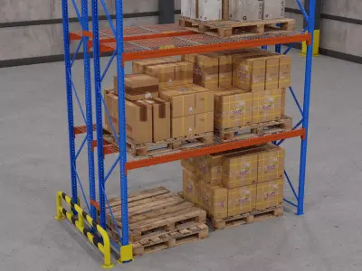 Warehouse Shelf with Pallets and Boxes Low-poly 3D model