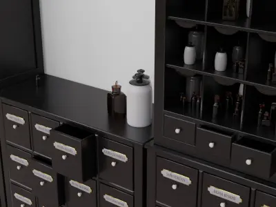 Modular apothecary cabinet with bottles and jars Low-poly 3D model