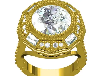 Antique Round Cut White Diamond Art Deco Engagement Ring 3D print model