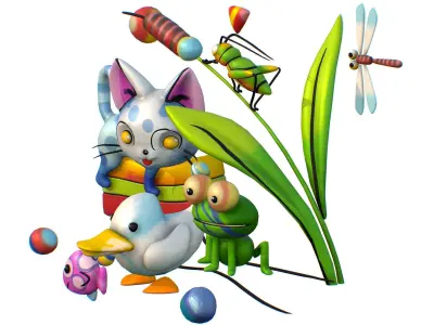Cartoon 3D illustration Cat Duck Frog Fish Low-poly 3D model