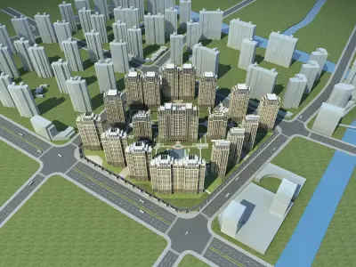 Architecture city with tall buildings and river 3D model buy
