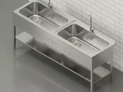 3 Compartment Industrial Sink Stainless Steel Revit Family 3D model