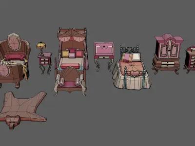 Stylized Cartoon Vintage Bedroom Set Low-poly 3D model