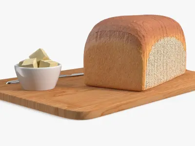Slices of White Bread with Butter on Wooden Board 3D model