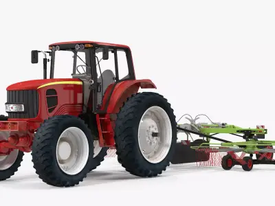 Tractor with Twin Rotor Rake Claas Liner 2700 Rigged 3D model