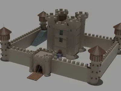 Low Poly Castle with wooden bridge Low-poly 3D model