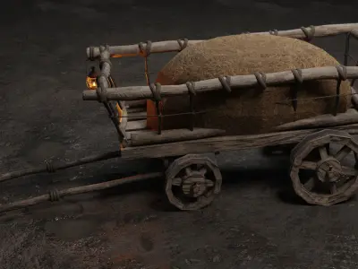 Stylized medieval cart with a lamp and hay Low-poly 3D model