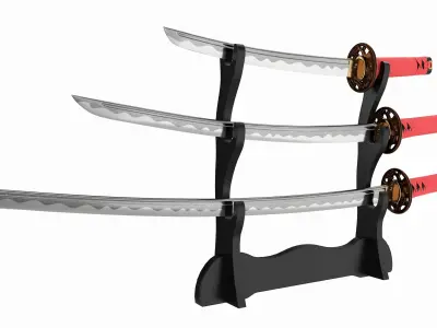 Katana Wakizashi Tanto Set on a Stand 3D model