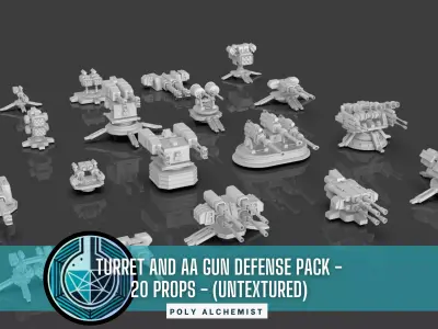 Turret and AA Gun Defense Pack - 3 - 20 Props - Untextured 3D model