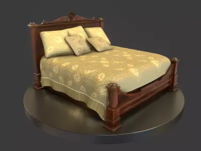 Vintage Wooden Bed Low-poly 3D model