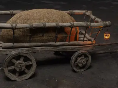 Stylized medieval cart with a lamp and hay Low-poly 3D model