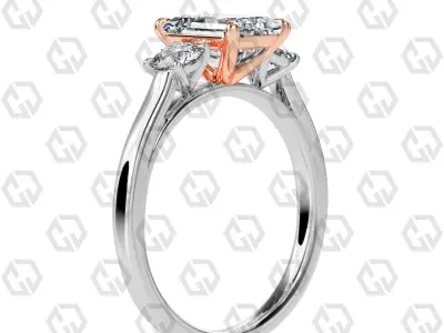 Ring 113 Emerald Shape Cathedral shank 3 stone ring with round 3D print model