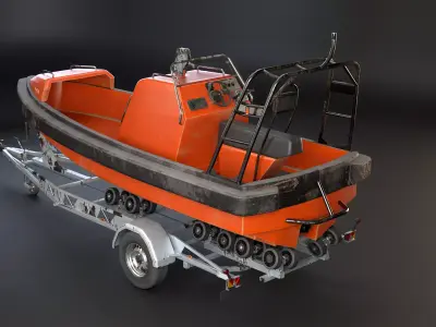 Used Boat Trailer and Rescue Motorboat 3D model