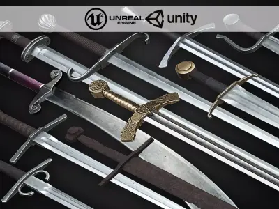 Medieval One Hand Swords with Scabbard Pack Low-poly 3D model