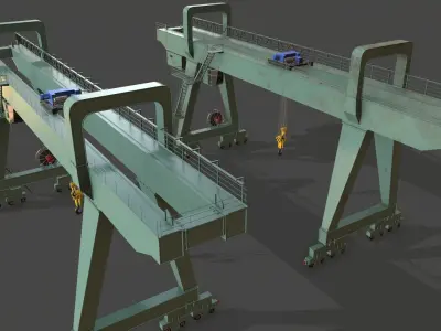 PBR Double Girder Gantry Crane V2 - Green Light Low-poly 3D model