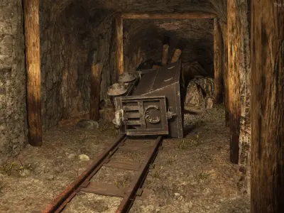 Collapsed Mine Tunnel with Tipped Ore Cart 3D model