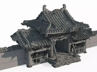 The ruined gate of an ancient Asian temple 3D model