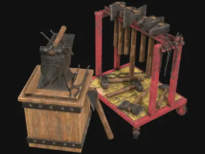 Anvil with Ironwork Tools and Rack 1 Low-poly 3D model