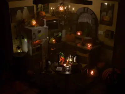Isometric Halloween Room with Pumpkins Free 3D model
