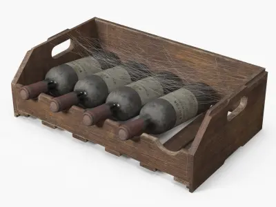 Vintage Bordeaux Wine in Old Wooden Case with Cobwebs 3D model