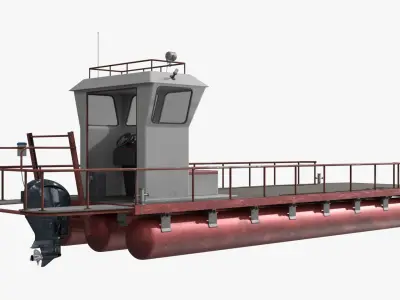 Industrial Cargo Boat with Control Cabin and Motor Red 3D model