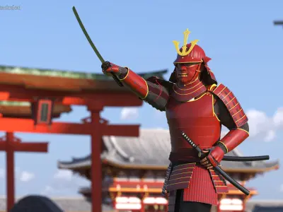  Samurai Armor from Feudal Japan Sengoku Period on Male Red Rigged 