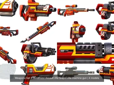 Weapons Set 4 Gun Pistol Assault rifle Sniper rifle machine gun 3D Model Pack get