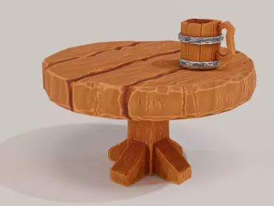 Stylized Wooden Tavern Table with Mug Low-poly 3D model