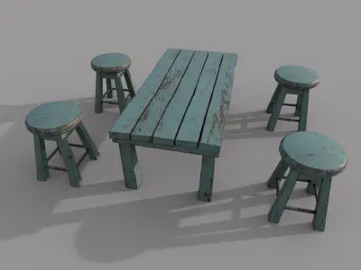Old Stool and Table Low-poly 3D model