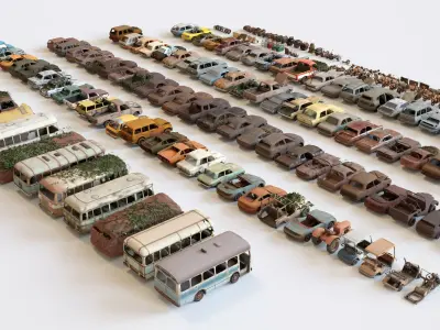 Old Abandoned Junk Rusty Vehicles 3d Game Ready Set  Low-poly 3D model