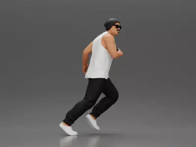 Gangster Man in Beanie Tank Pants Sneakers Running with Gun 3D print model